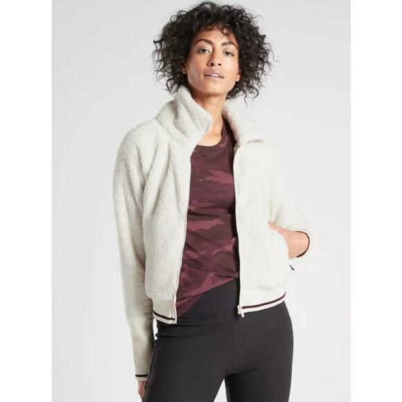 ATHLETA Tugga Sherpa Jacket Natural High Neck Full Zip Ribbed Cuffs Women's XS - Picture 3 of 15